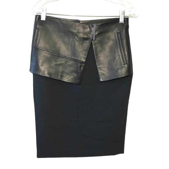 NWT Tibi Black Leather Trim Detail Pencil Skirt 2 - Picture 1 of 7